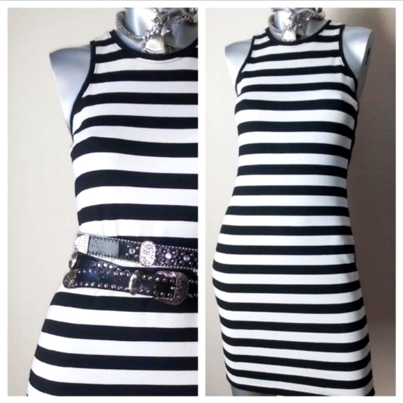 "Rachel Roy" Black/White Pop of Red Fitted Cocktail Party Midi Sleeveless Dress - Picture 6 of 9